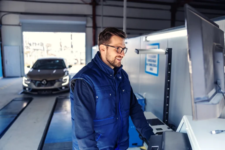 Technicien en bleu vérifiant du matériel dans un atelier automobile à Lorient avec une voiture en arrière-plan visible à travers le pare-brise